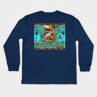 WEIRD MEDIEVAL BESTIARY MAKING MUSIC, Cat Playing Organ,Harpist Rabbit,Snail Cat in Teal Blue Kids Long Sleeve T-Shirt